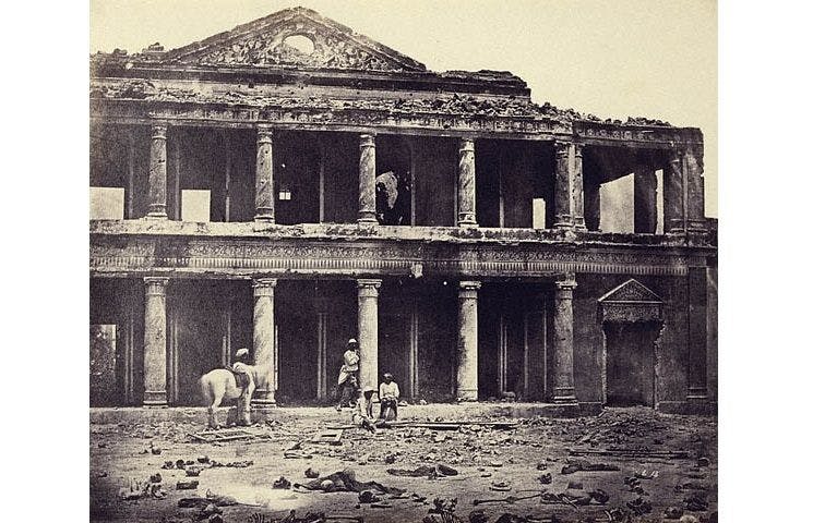Interior of Sikandar Bagh, scene of slaughter of 2,200 Mitanins by 93rd Highlanders and 4th Punjab Infantry and remains of dead bodies on the ground.