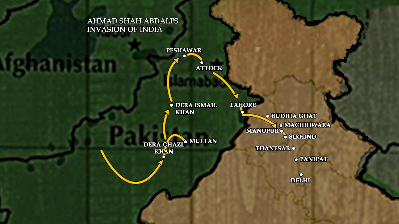 Map showing Ahmad Shah Abdali’s invasion