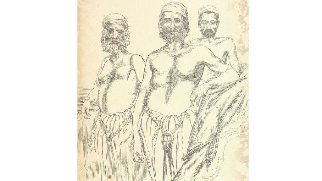 Sketch of Thug Murdan Khan and gang, Lucknow, 1840