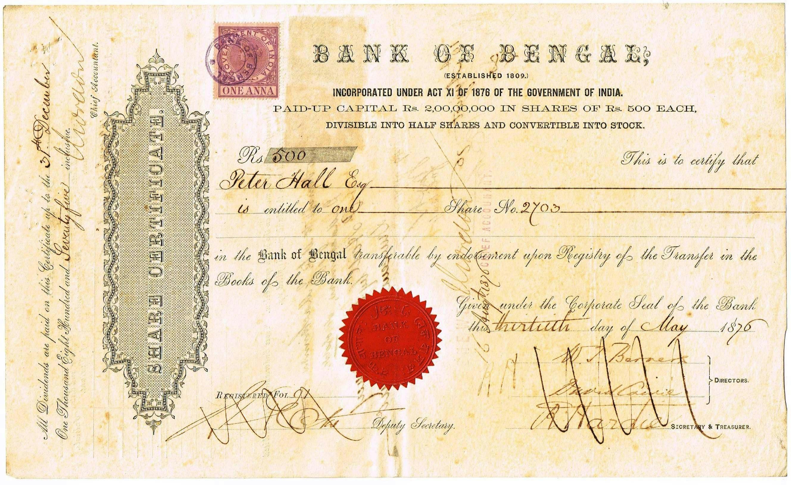 Share of The Bank Of Bengal, Dated 13 May, 1876