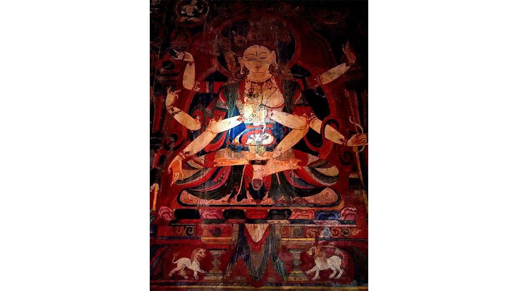 A wall painting of Bodhisattva from the 11 century CE in the Tabo monastery, Spiti