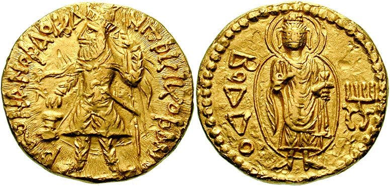 Gold coin of Kanishka with a representation of the Buddha (c.120 CE)