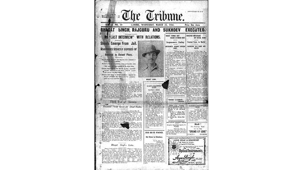 The Lahore Tribune’s front page on the 25th of March 1931
