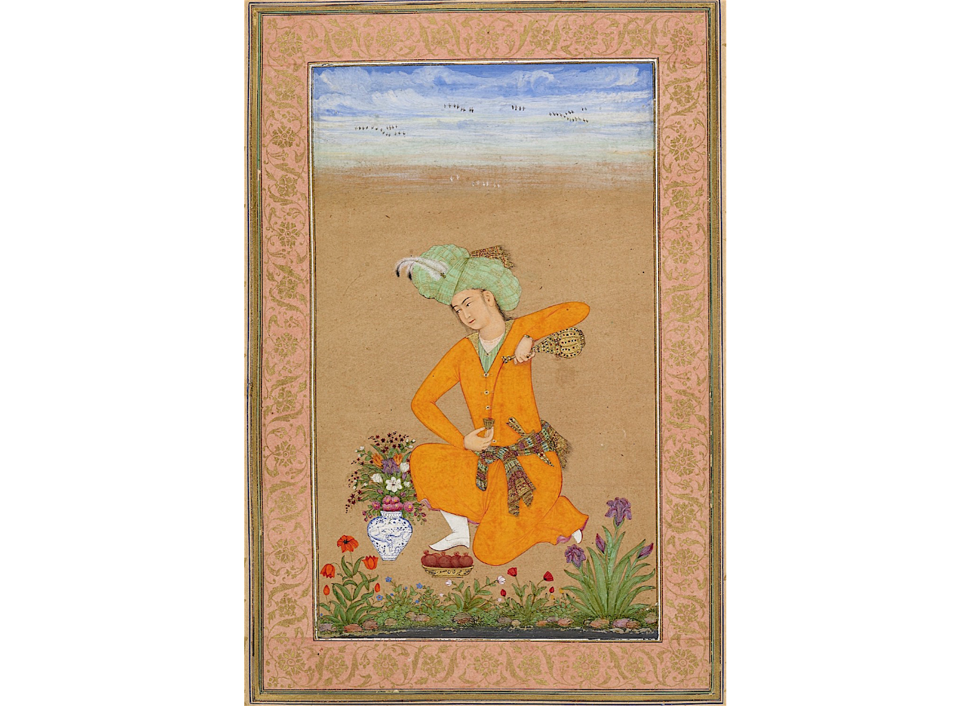 A Prince Pouring Wine, ascribed to Muhammad Khan and dated 1043/1633-4