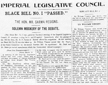 News headlines of the Rowlatt Bills (1919)