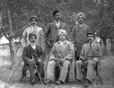 Aurobindo (seated right) with other officers of the Baroda State, Kashmir, 1903