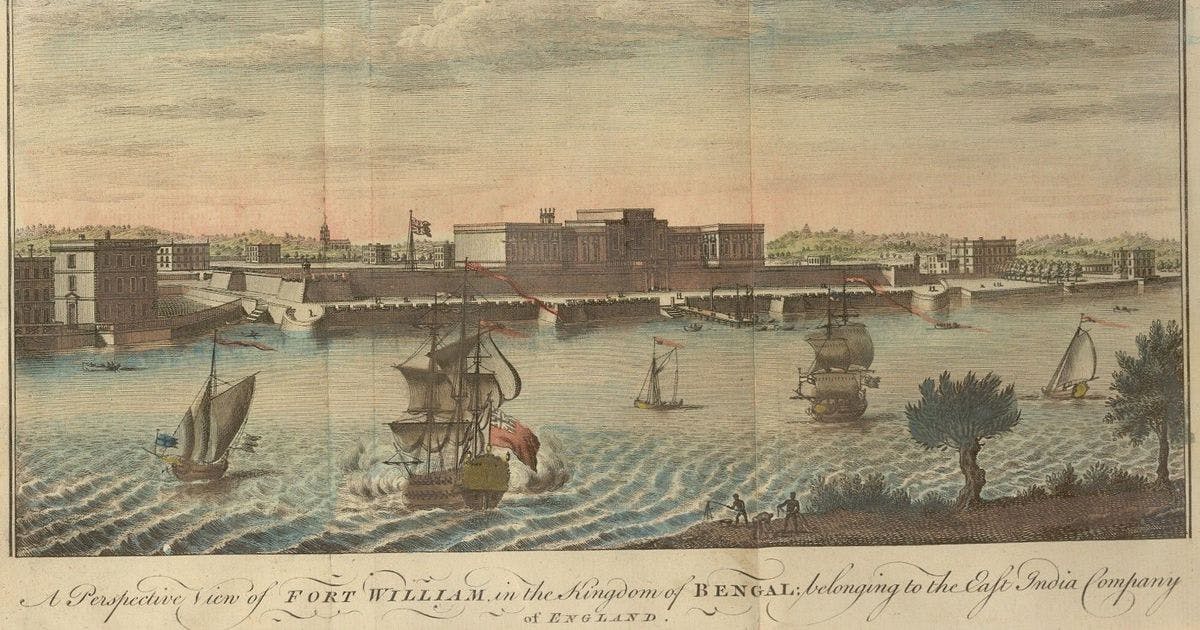 A perspective view of Fort William in the Kingdom of Bengal, belonging to the East India Company; by Jan Van Ryne, 1754