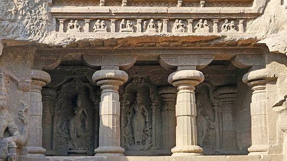 Sculptures of Goddesses ‘Ganga Yamuna Saraswati’ at Ellora caves