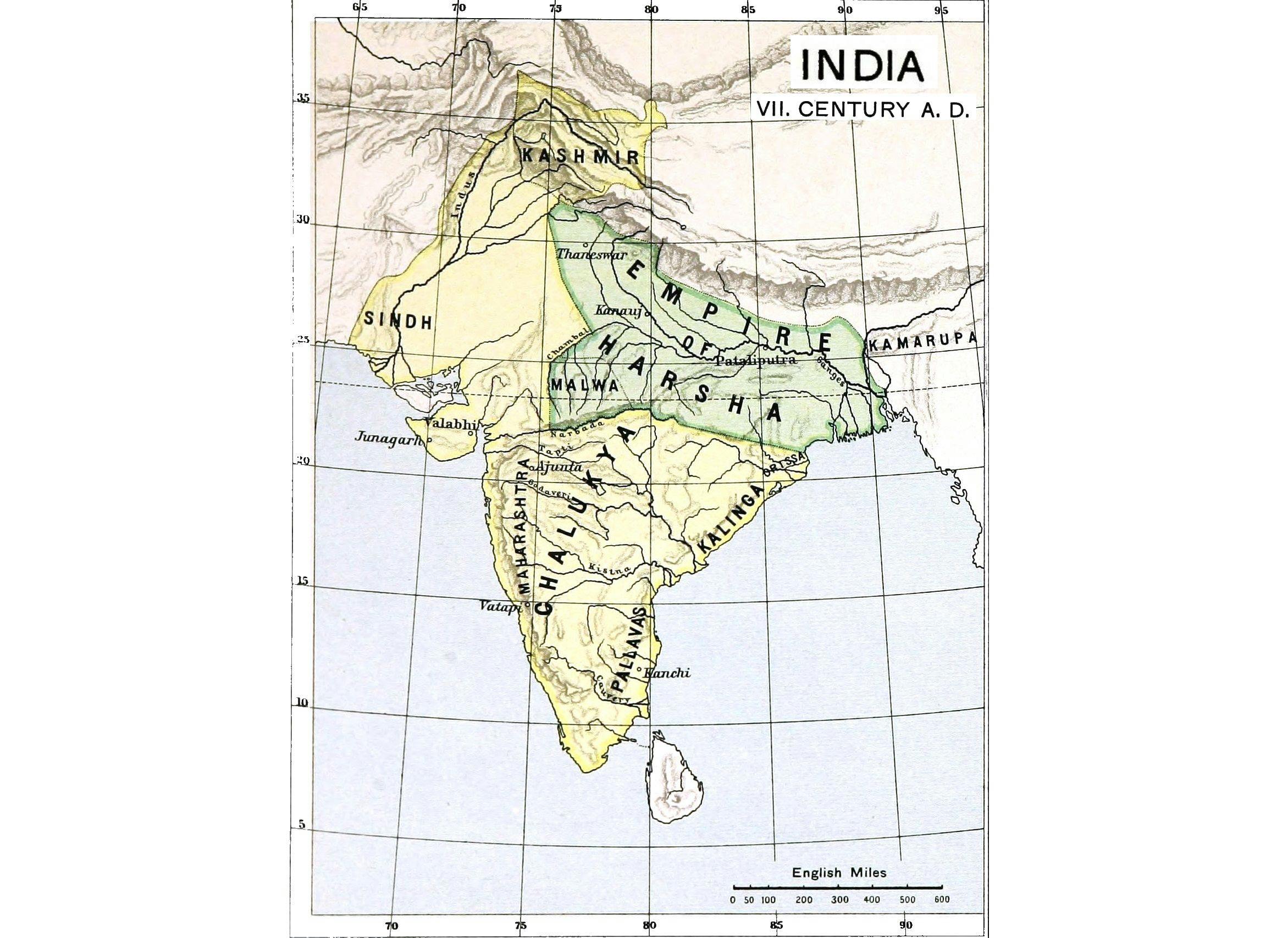 India’s map of the 7th Century showing Harsha’s empire