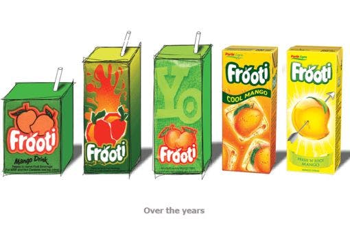 Different packaging of the mango drink, Frooti, over the years