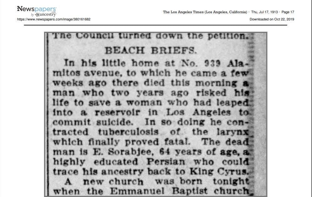 Newspaper clipping that details Sorabjee’s death, and his efforts to save a drowning woman