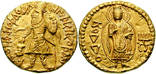 Gold coin of Emperor Kanishka with a representation of the Standing Buddha on the reverse