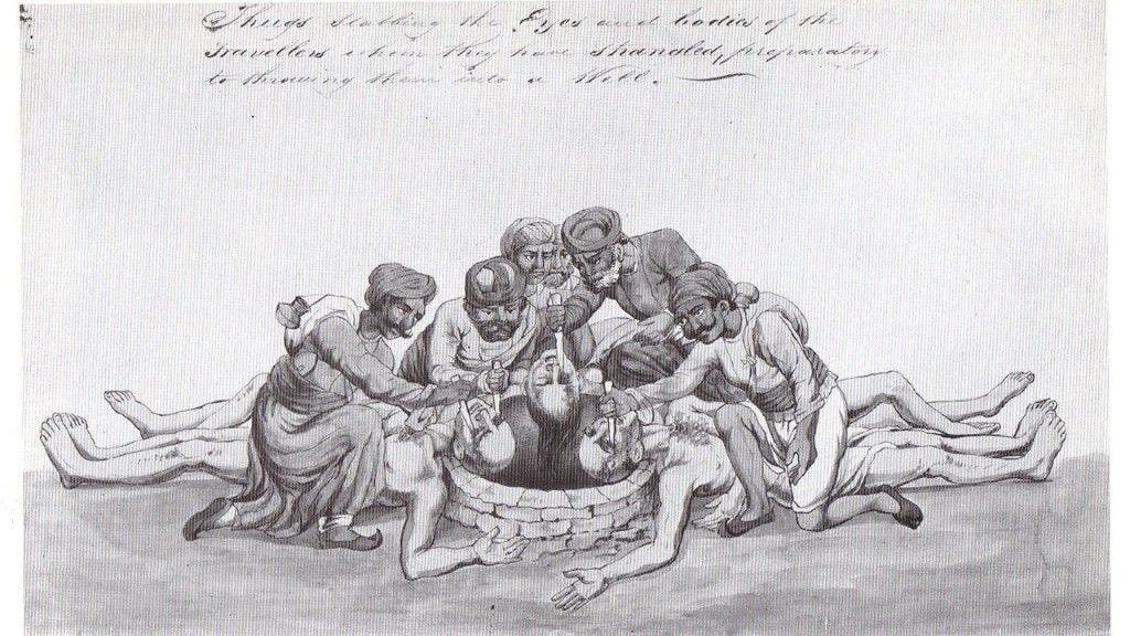 Sketch of a group of Thugs disposing of travellers, 1829-1840