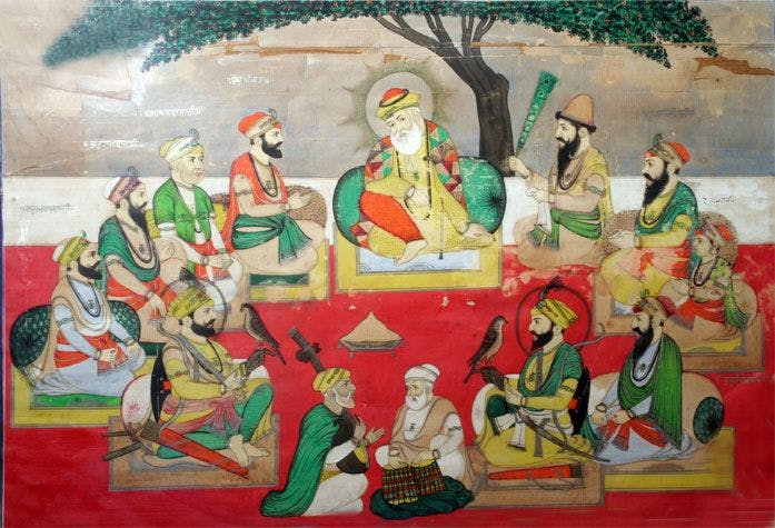 A miniature painting, dated 1890, depicting an ‘imaginary portrait’ of the ten Gurus and others