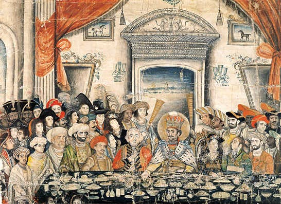 Ghazi ud-Din Haidar, seventh Nawab (1814–27), entertains Lord and Lady Moira to a banquet in his palace Opaque watercolour, 1820–22