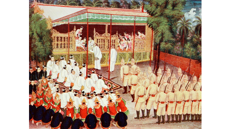 A painting depicting the abdication of King Thibaw