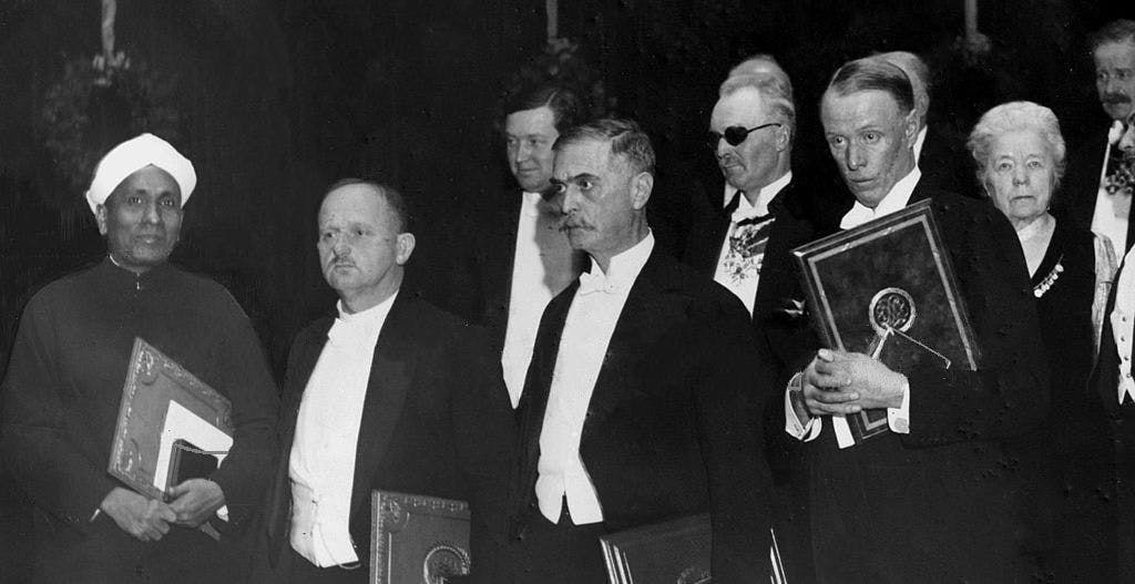 C V Raman at the Nobel Prize Award Ceremony with other winners
