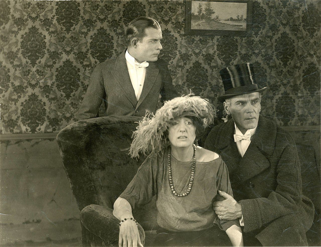 Pritchard at right with Earle Foxe and Florence Reed in the silent movie 'The Black Panther's  Club' (1921) 
