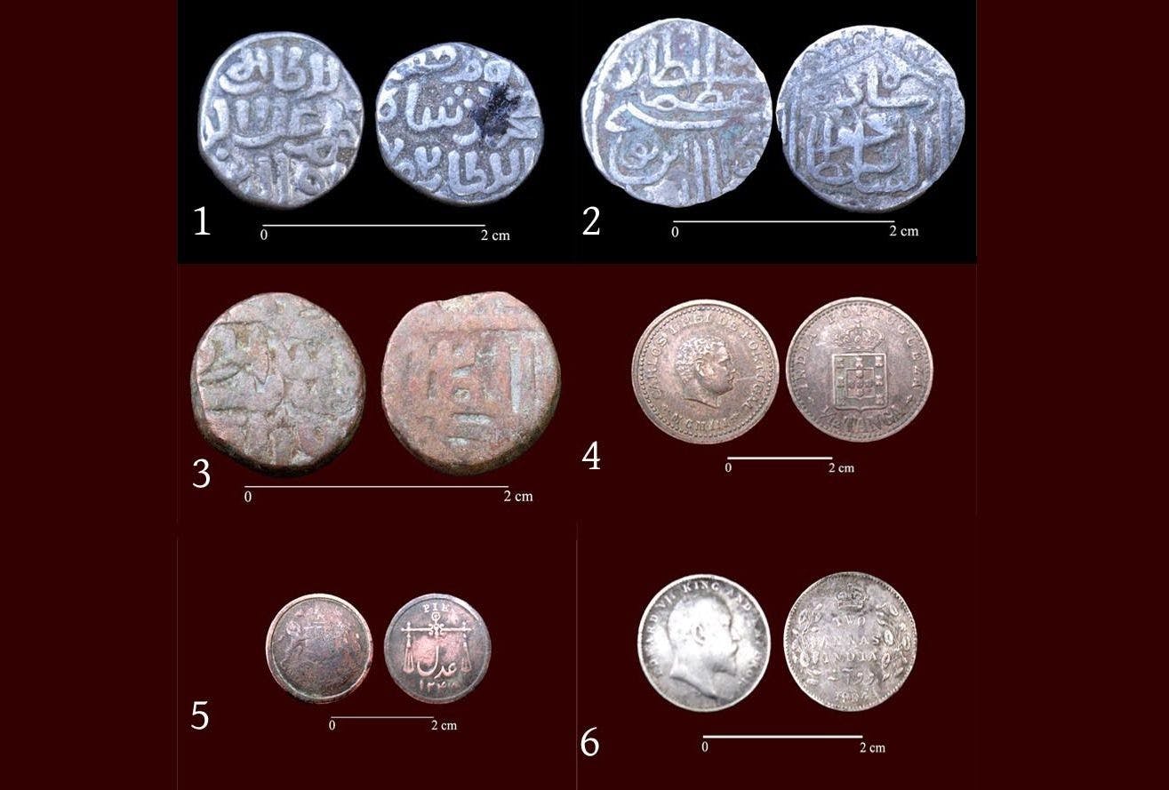 Coins from Chinchani; 1. Alauddin Khilji; 2&3. Gujarat Sultan; 4. Portuguese, 5&6. British
