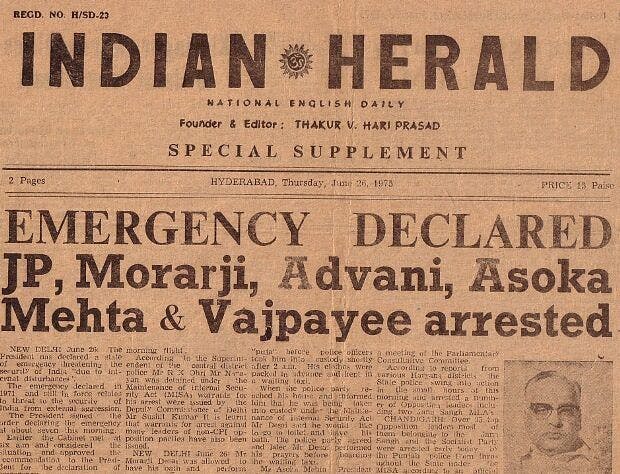 Newspaper headlines reporting the Emergency, 1975 