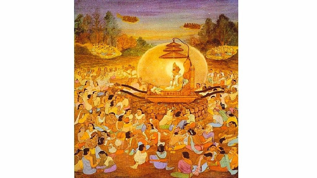 An illustration of Mahavir attaining Nirvana 