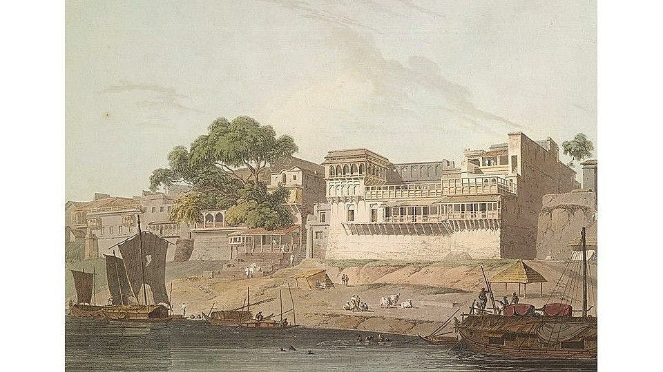 19th century painting of city of Patna on the river Ganga