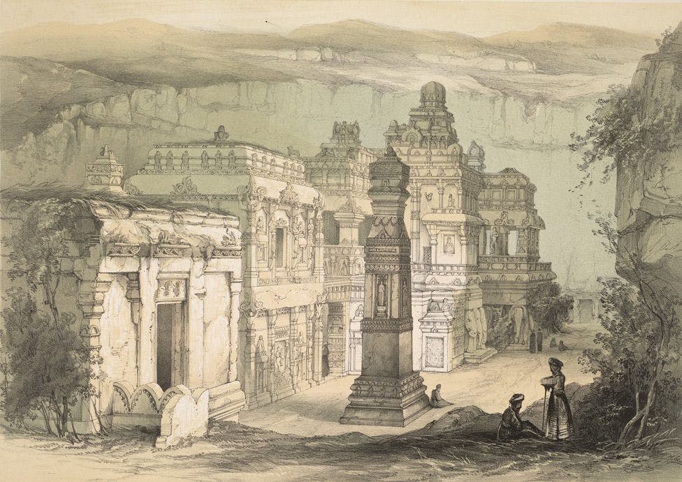 19th century painting of the Kailash temple by James Fergusson