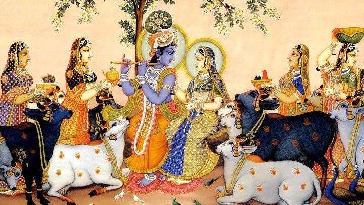 A depiction of Krishna’s Raas Leela showing him with Radha and the gopis