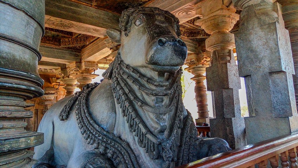 The Nandi is carved out of a single monolithic rock.