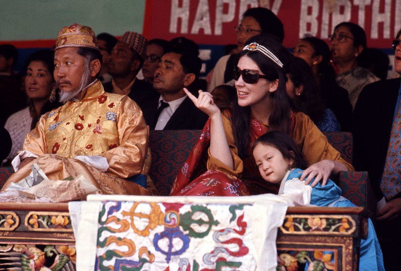 King and Queen of Sikkim and their daughter watch birthday celebrations, Gangtok, Sikkim in May 1971 