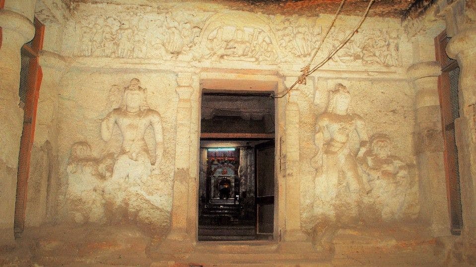 Shrine of Yogeshwari, the main deity, and sculptural reliefs of Shiva and Parvati on the entrance