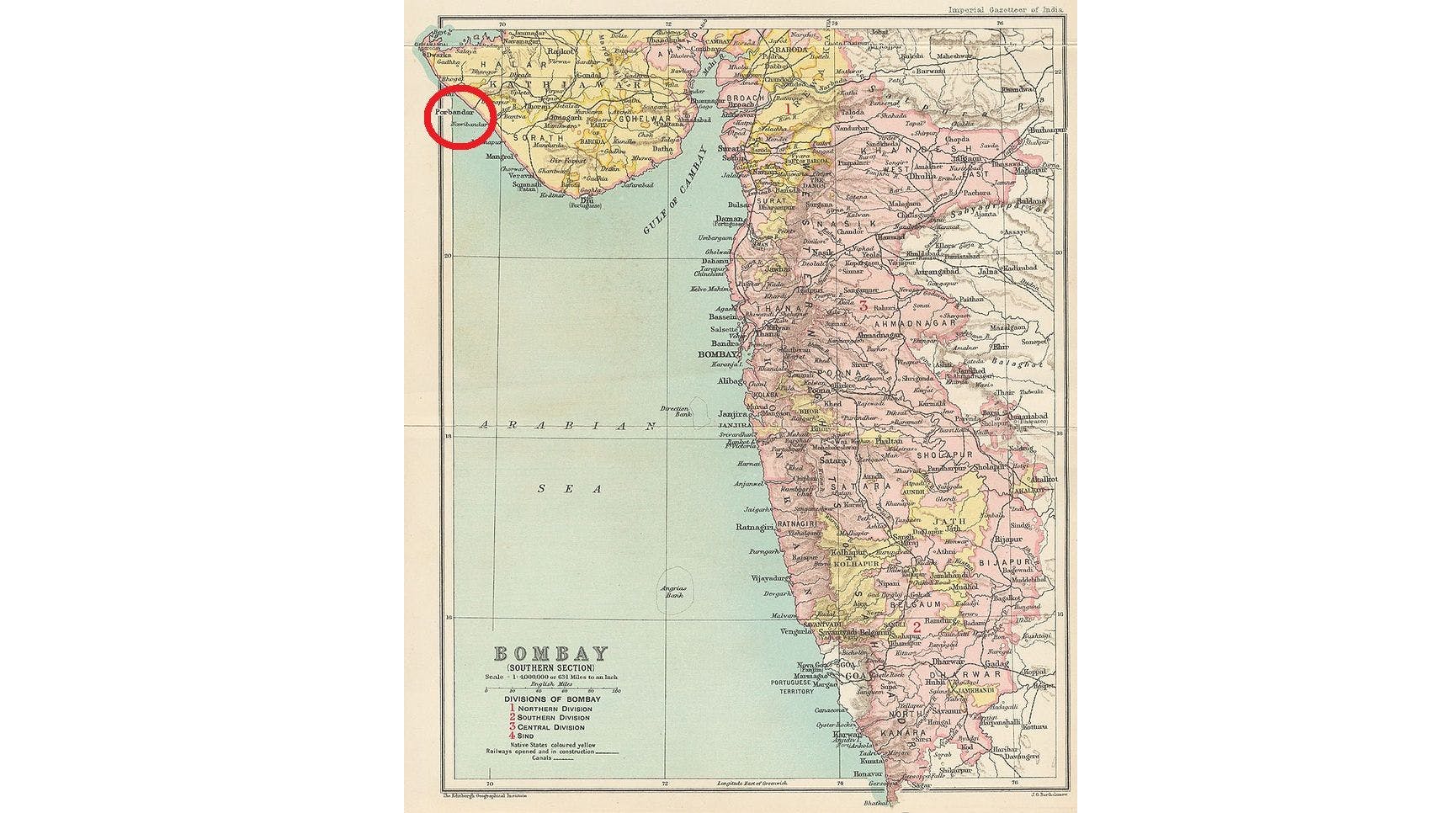 Porbandar in the map of British Presidency, 1909