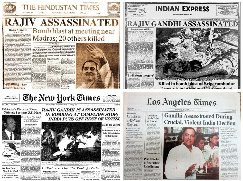 Various newspapers reporting Rajiv Gandhi's assassination