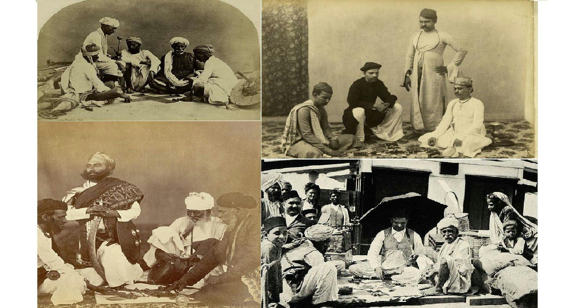 Photographs from 19th and 20th century of men playing Pachisi
