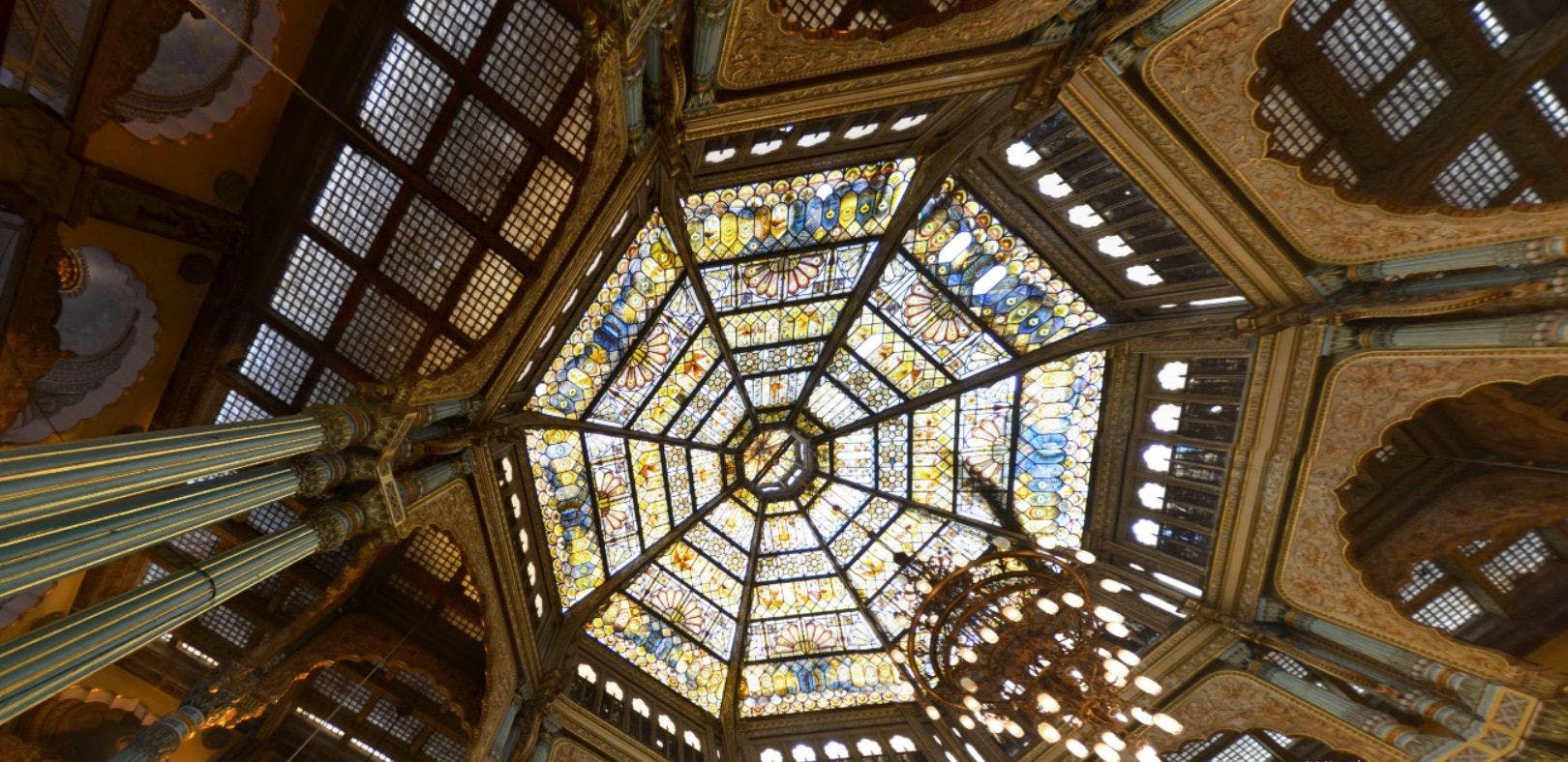 The stained glass ceiling of the Kalyana Mandapa