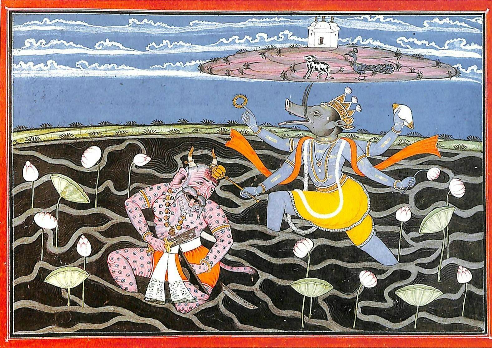 A Chamba painting of Varaha vanquishing Hiranayaksha