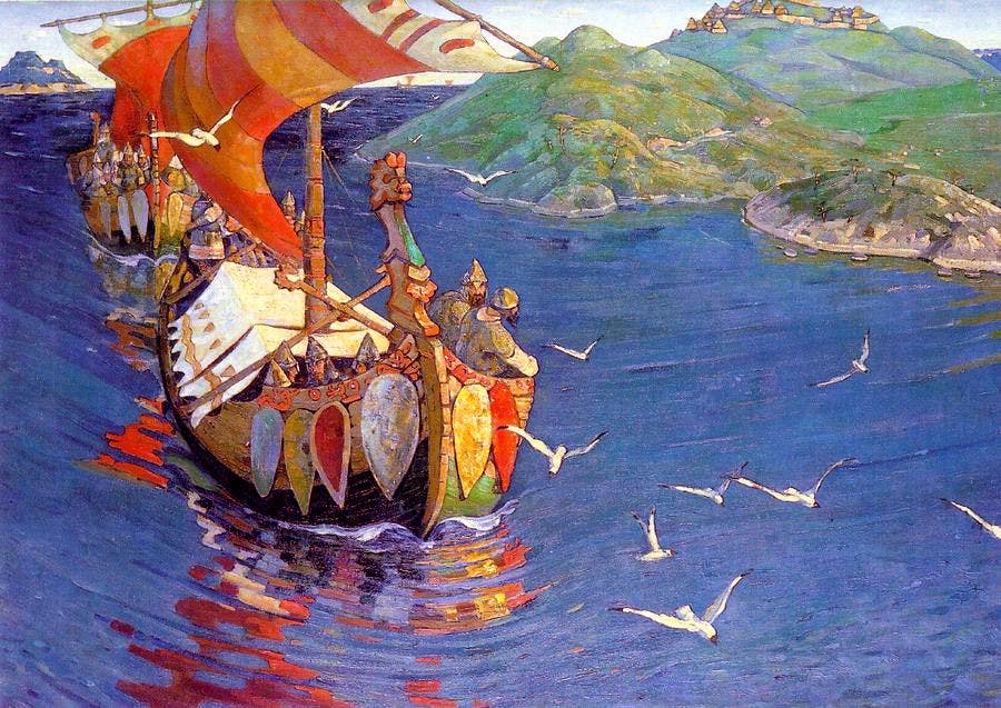 ‘Guests from Overseas’ painting by Nicolas Roerich