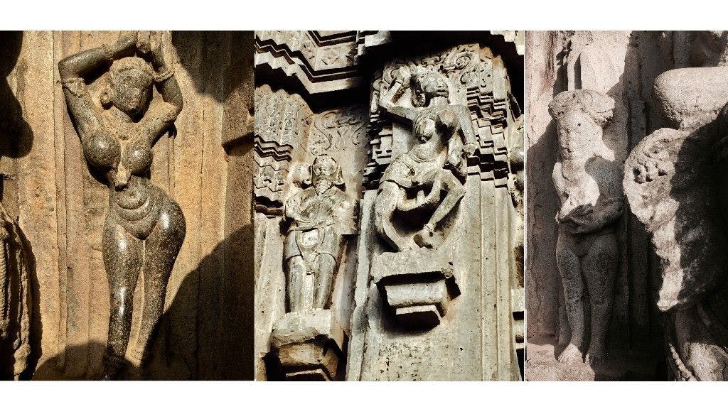 A curvaceous dancer, An old woman with sagging breasts, Statue of a bearded Irani (L-R)