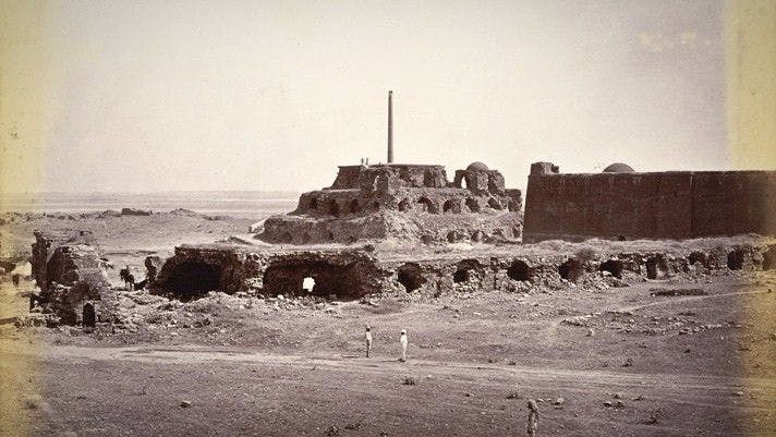 Photograph of Ashoka Pillar at Feroze Shah Kotla, 1861