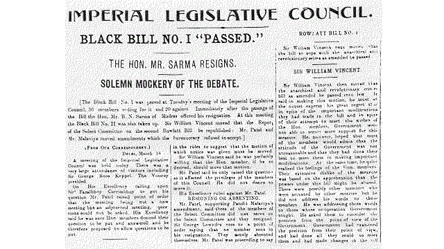 News headline about the Rowlatt Act, 1919