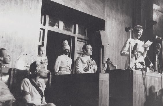 Jinnah giving his speech in the presence of Governor-General Lord Mountbatten and Lady Mountbatten in the Constituent Assembly of Pakistan