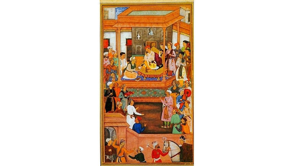 Miniature painting of Akbar in court