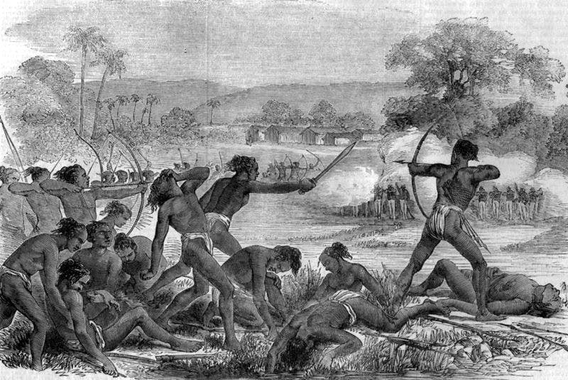 Attack by 600 Santhals upon a party of 50 sepoys, 40th regiment native infantry- Santhal Revolt