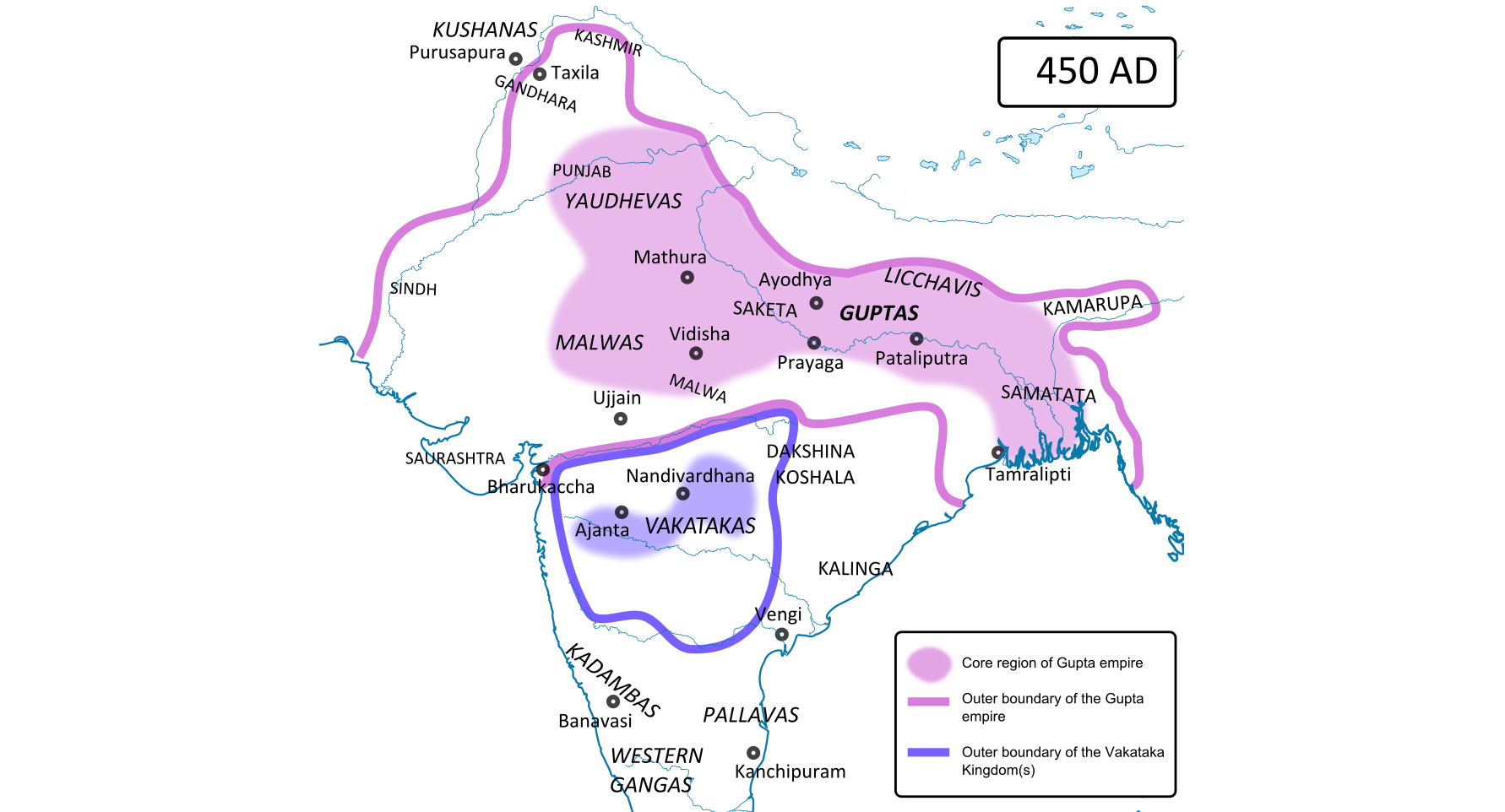 The maximum extend of the Gupta Empire, 5th century CE