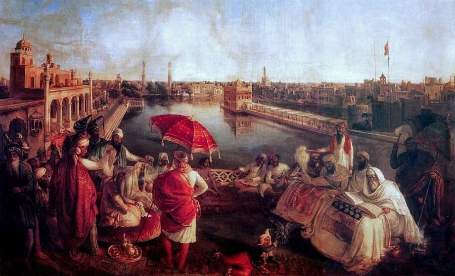 Maharaja Ranjit Singh listening to Guru Granth Sahib being recited near the Akal Takht and Golden Temple, painting by Ágoston Schoefft