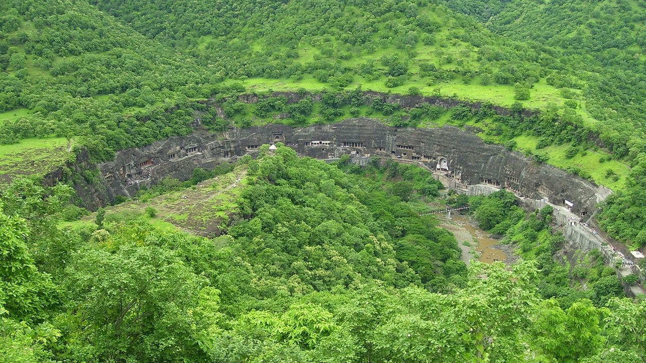 Panoramic view of Ajanta Caves from the nearby hill
