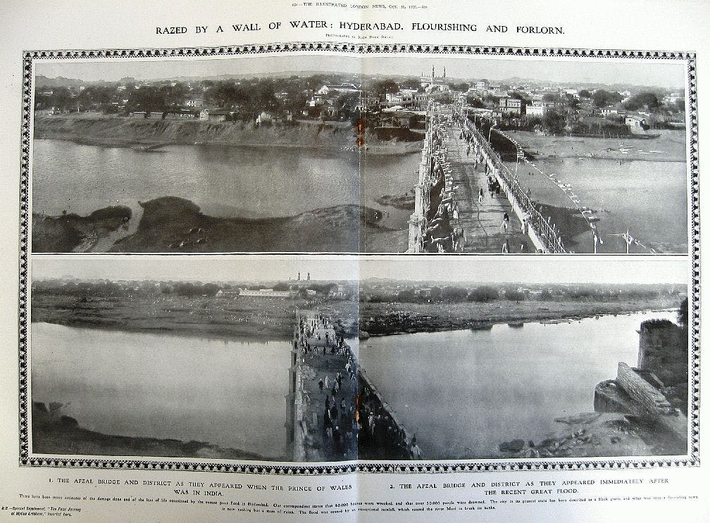A before and after photo of the flood published in The Illustrated London News in October 1908
