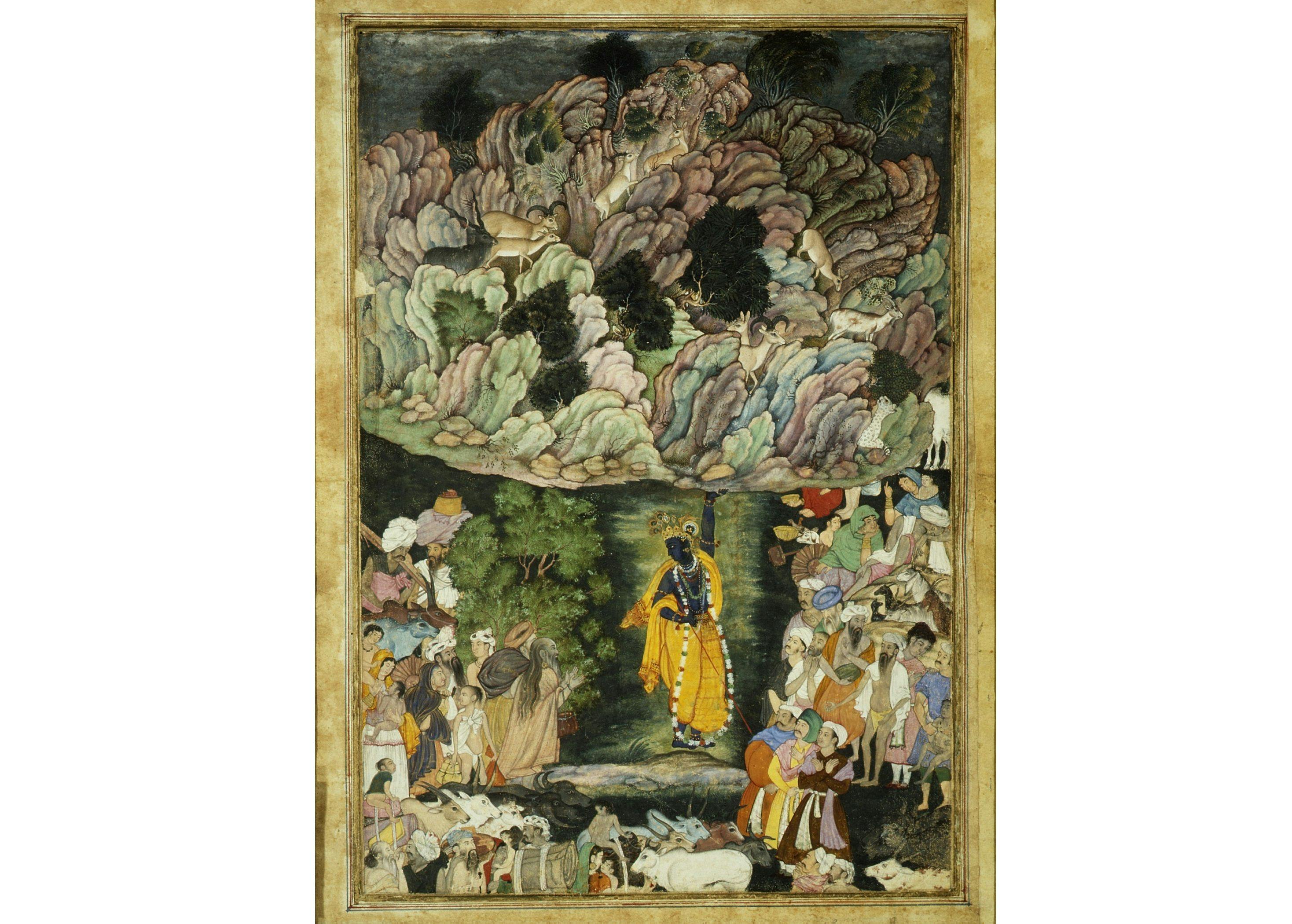 Krishna Holds Up Mount Govardhan to Shelter the Villagers of Braj, Mughal Miniature