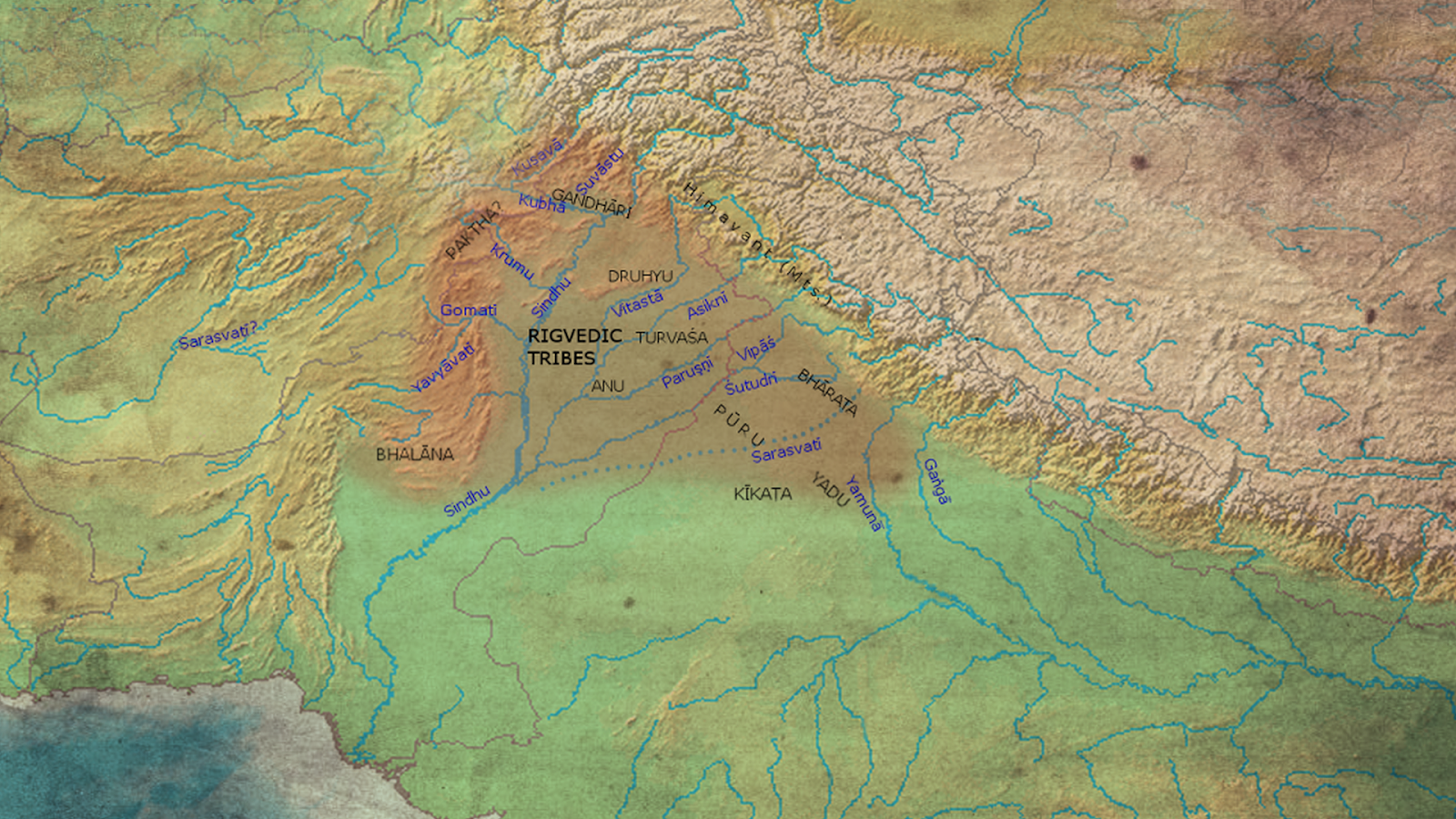 Map of Early Vedic Period (1700-1100 BCE) depicting the extent of Rigvedic culture