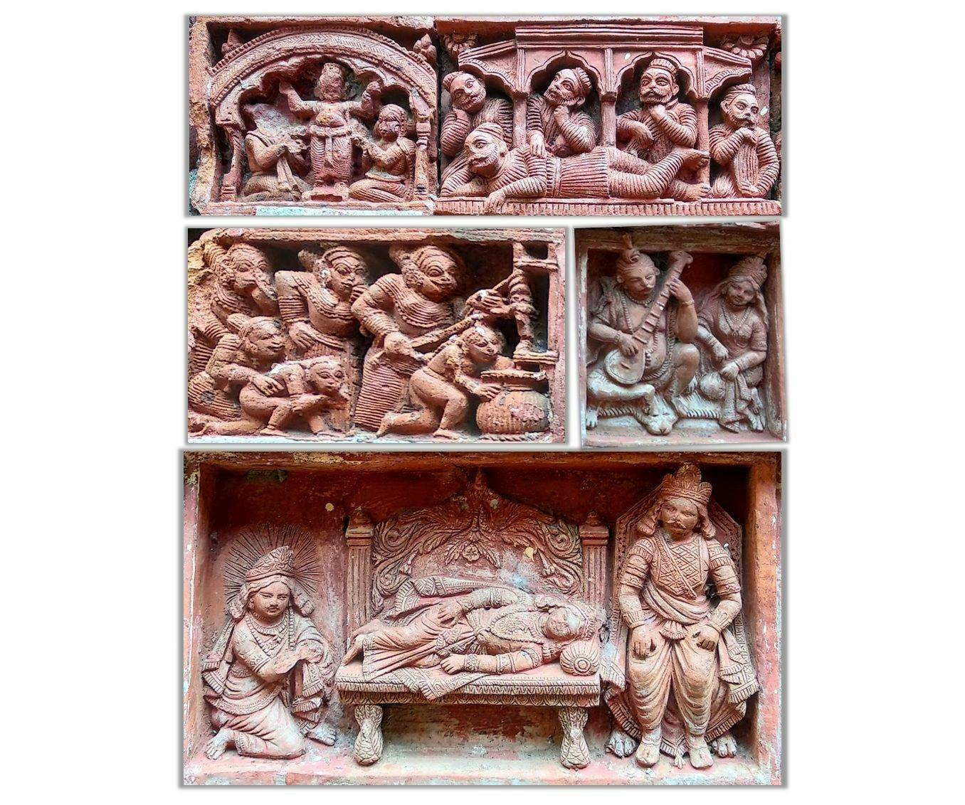 Exquisite terracotta plaques of Gopinath Temple depicting – (a) Devaki and Vasudeva prays to Lord Bishnu, (b) Child Krishna stealing butter, (c) Lord Siva playing veena seated upon a tiger skin, (d) Arjuna is sitting near the feet of a sleeping Krishna while Durjodhan sits above